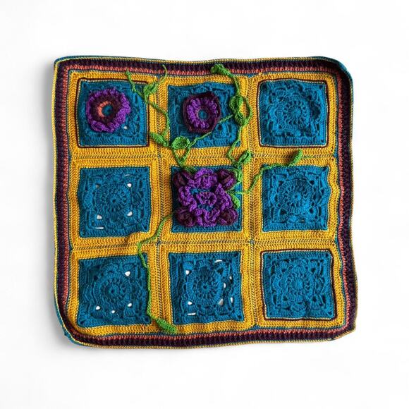 Handmade Crochet Granny Square Art Panel Fiber Art 32x32 Floral 3D Applique Yarn - Picture 1 of 7